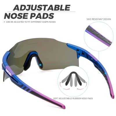 Lightweight sports eyewear with customizable nose pads and UV protection for active lifestyles. Skid-resistant design enhances comfort and stability during outdoor activities.