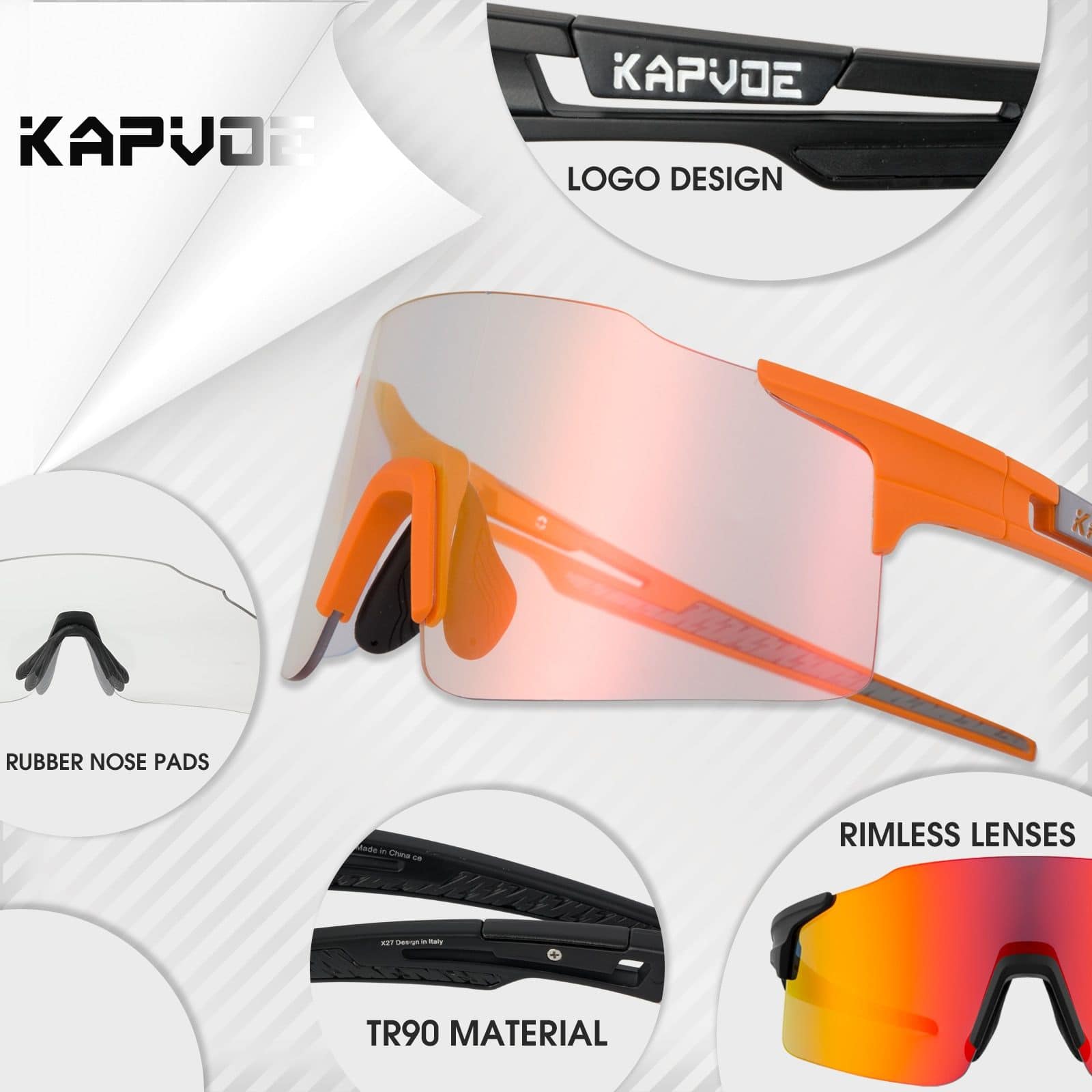 Close-up of orange sports sunglasses with mirrored rimless lenses, rubber nose pads, and TR90 frame material for durability and comfort during outdoor activities.