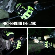 Bright green fishing gloves with touchscreen tips, suitable for night fishing and outdoor use, offering grip, protection, and style for anglers.