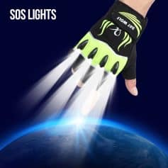 Hand wearing a glove with LED SOS lights projecting from fingertips over Earth background, emphasizing emergency lighting products. Ideal for medical, rescue, or safety equipment applications.