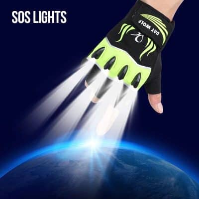 Hand wearing a glove with LED SOS lights projecting from fingertips over Earth background, emphasizing emergency lighting products. Ideal for medical, rescue, or safety equipment applications.