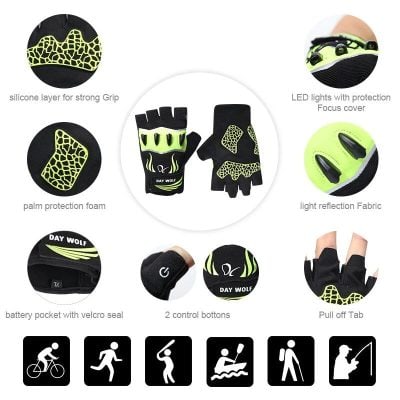 Optical sports gloves with LED lights, light reflection fabric, and palm protection foam for enhanced grip and safety during outdoor activities.