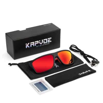 High-quality Kapvue aviator sunglasses with red mirrored lenses, black frame, and bundled accessories such as a cleaning cloth, lanyard, and protective pouch, ideal for outdoor fashion and UV protection.