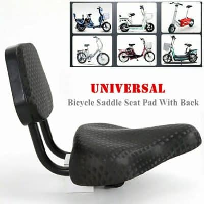 Ergonomic bicycle seat pad with backrest suitable for various bikes, including e-bikes and scooters, offering improved comfort and back support during cycling adventures.