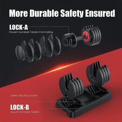 High-quality adjustable dumbbell with safety lock and securing buckles for secure, durable strength training. Perfect for home gyms and fitness enthusiasts.