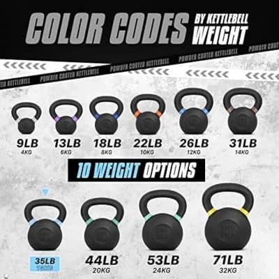 2. Durable kettlebell weights ranging from 9 lb to 71 lb, ideal for strength training and fitness routines. Suitable for all levels with various options for effective workouts.