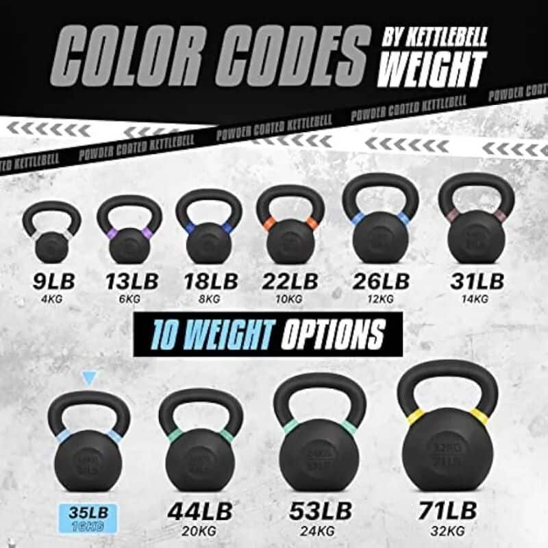 2. Durable kettlebell weights ranging from 9 lb to 71 lb, ideal for strength training and fitness routines. Suitable for all levels with various options for effective workouts.