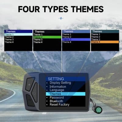 A close-up of a digital screen showing four different theme options for display customization on an electronic device.