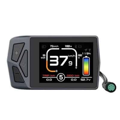 High-tech bicycle speedometer with digital LCD screen showing speed, distance, battery level, and power metrics for optimized cycling performance.