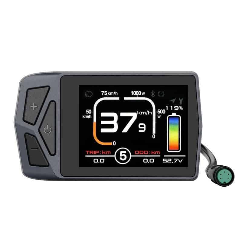 High-tech bicycle speedometer with digital LCD screen showing speed, distance, battery level, and power metrics for optimized cycling performance.