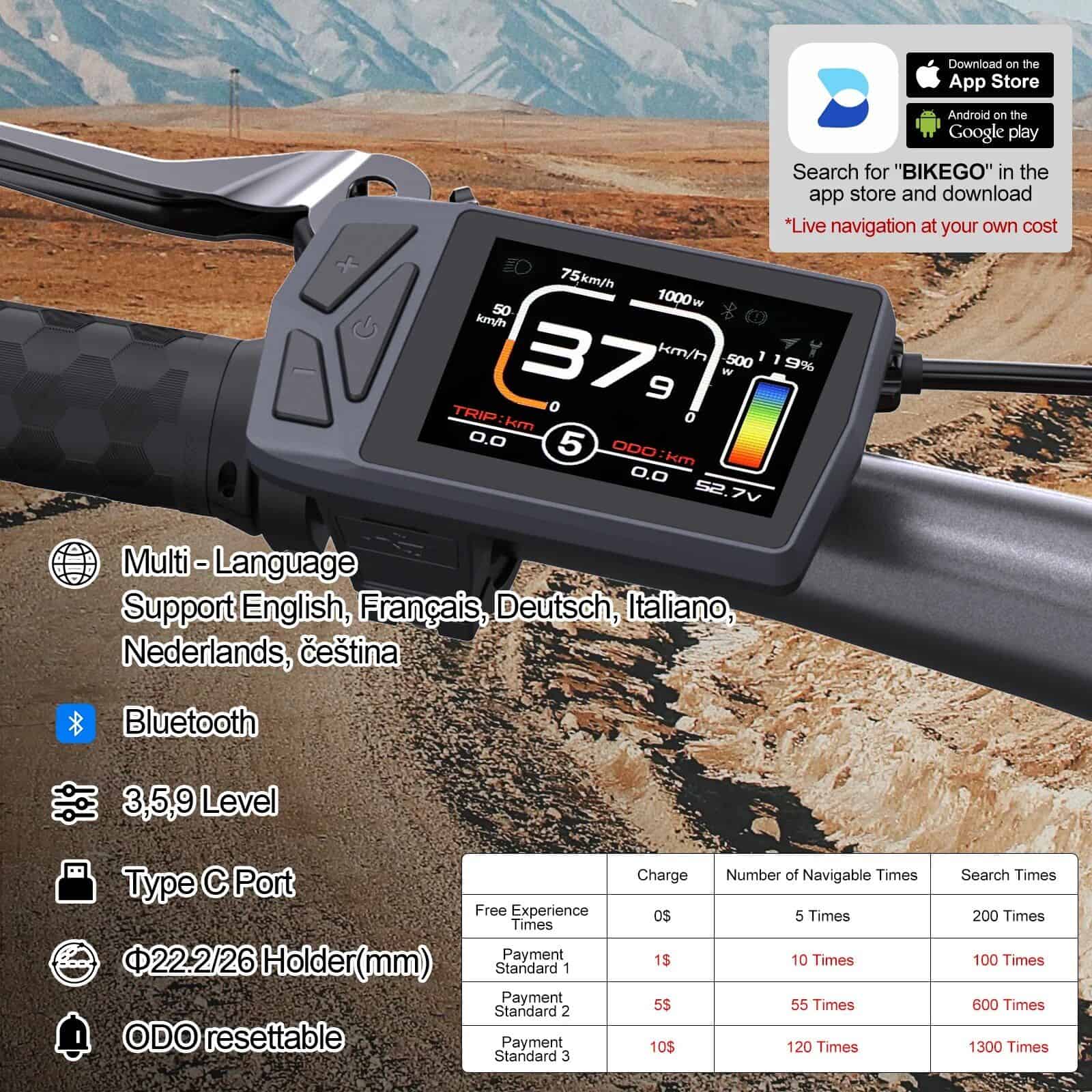 Modern digital bike display showing speed, trip, and battery info on rugged mountain trail setting.