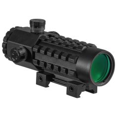 Optical scope with green lens for accurate aiming and shooting. Features rugged construction, adjustable turrets, and is ideal for hunting, tactical firearms, and outdoor shooting sports.