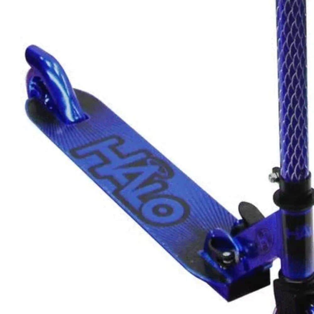 Bright blue scooter deck with "GLO" logo, durable and lightweight for kids, teens, and adults, ideal for stunt riding and skate parks. Perfect for enhancing stability and style during tricks.