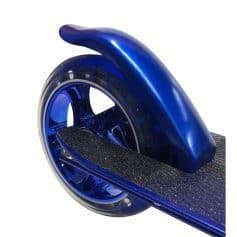 Blue scooter wheel with footrest and fender.
