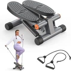 Mini stepper exercise equipment with resistance bands for cardiovascular workouts and toning muscles at home or gym.