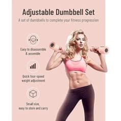 Adjustable fitness dumbbells for strength training and home workouts. Easy to assemble, compact size, and adjustable weight with quick four-speed settings for effective fitness routines.
