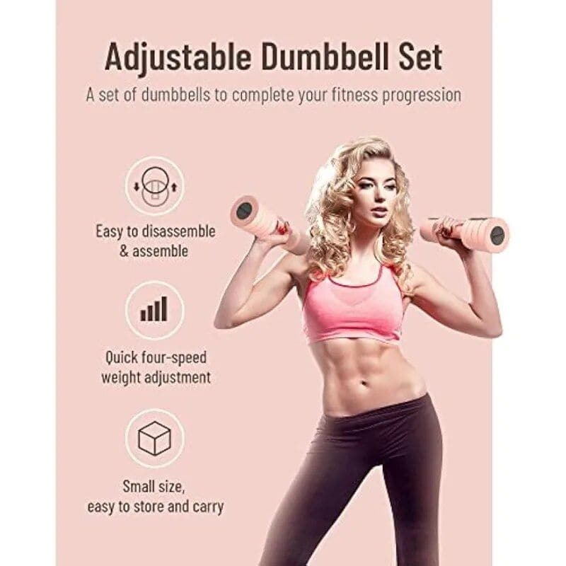 Adjustable fitness dumbbells for strength training and home workouts. Easy to assemble, compact size, and adjustable weight with quick four-speed settings for effective fitness routines.