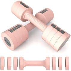 Pink adjustable dumbbells for home workouts and fitness training. Compact, sleek design, perfect for strength building and toning exercises. Ideal for beginners and advanced users.