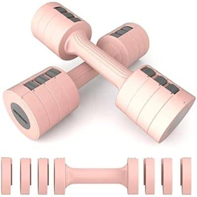 Pink adjustable dumbbells for home workouts and fitness training. Compact, sleek design, perfect for strength building and toning exercises. Ideal for beginners and advanced users.