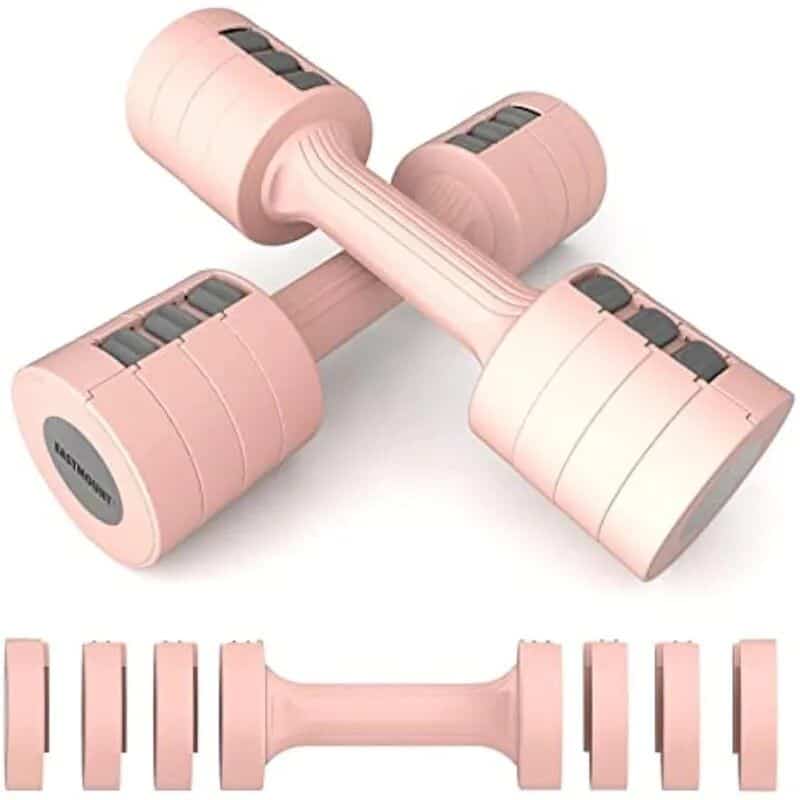 Pink adjustable dumbbells for home workouts and fitness training. Compact, sleek design, perfect for strength building and toning exercises. Ideal for beginners and advanced users.