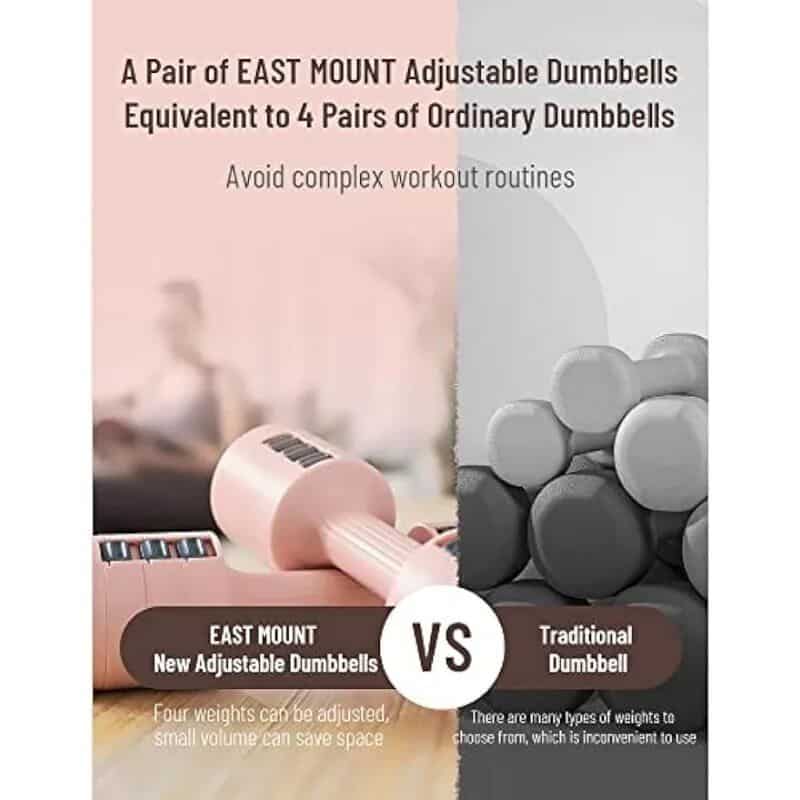 High-quality East Mount adjustable dumbbells for weight training, offering four adjustable weights, compact design, and space-saving features suitable for fitness enthusiasts.