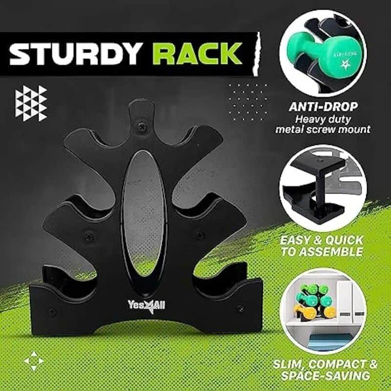 Durable metal gym rack with anti-drop feature, easy to assemble, compact and space-saving design, perfect for organizing weights and gym accessories.