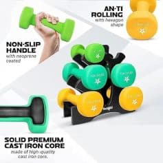 High-quality, colorful dumbbells for strength training and fitness workouts at Monalisa Store. Durable cast iron core with non-slip, neoprene coating for safe and effective exercise routines.