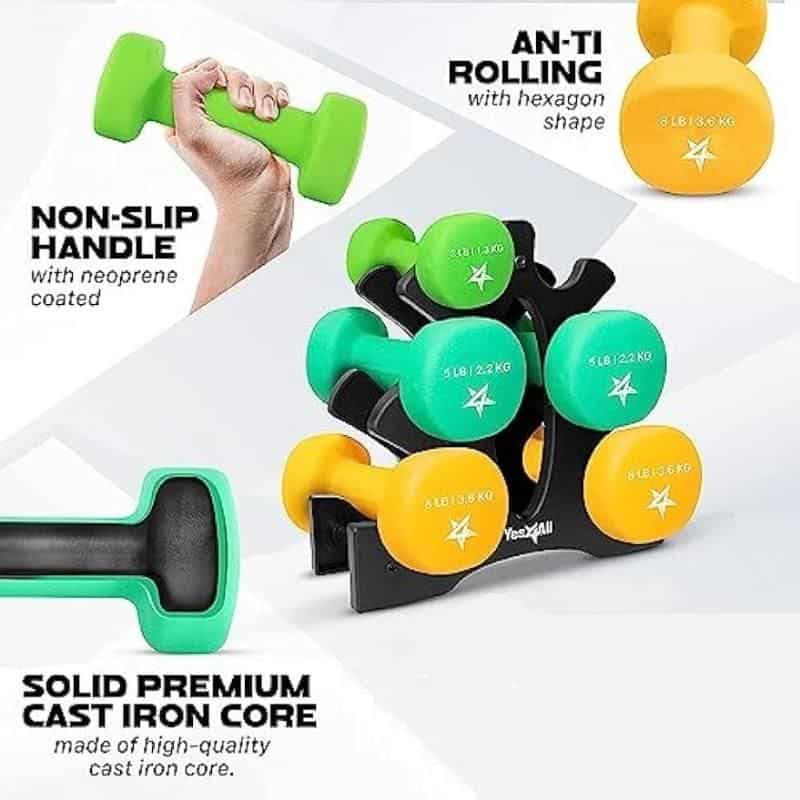 High-quality, colorful dumbbells for strength training and fitness workouts at Monalisa Store. Durable cast iron core with non-slip, neoprene coating for safe and effective exercise routines.
