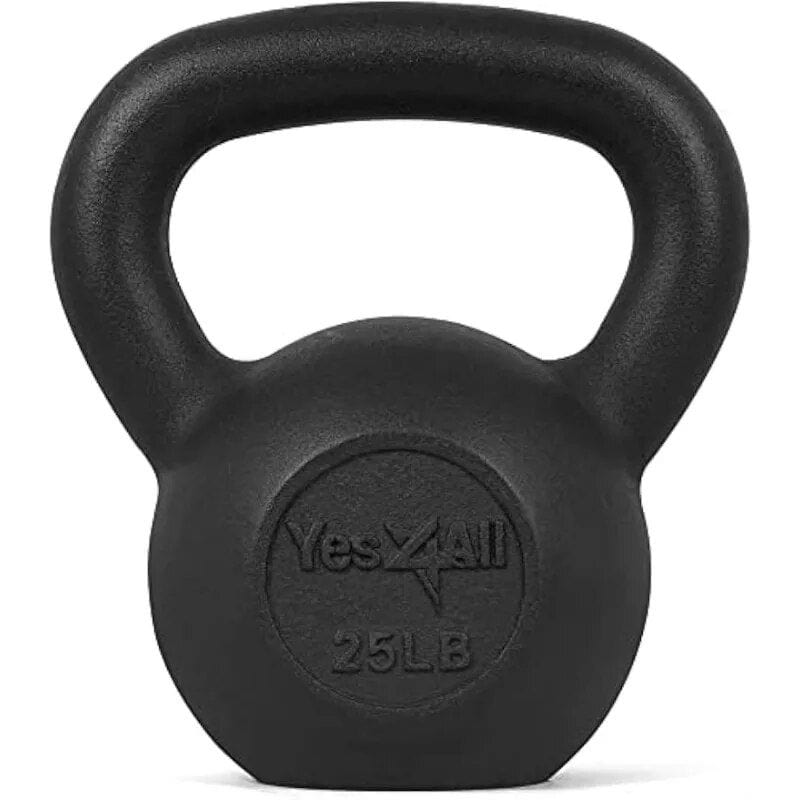 Black 25lb kettlebell for exercise and strength training.