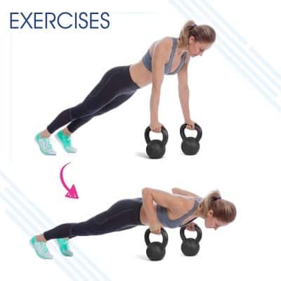 Woman doing push-ups with kettlebells for upper body strength, fitness, and muscle toning. Perfect for workout routines focused on improving core and arm strength.