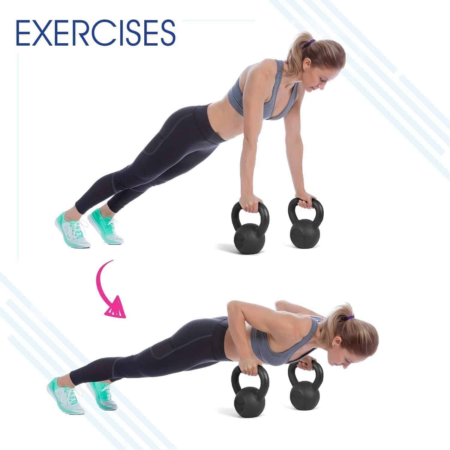 Woman doing push-ups with kettlebells for upper body strength, fitness, and muscle toning. Perfect for workout routines focused on improving core and arm strength.