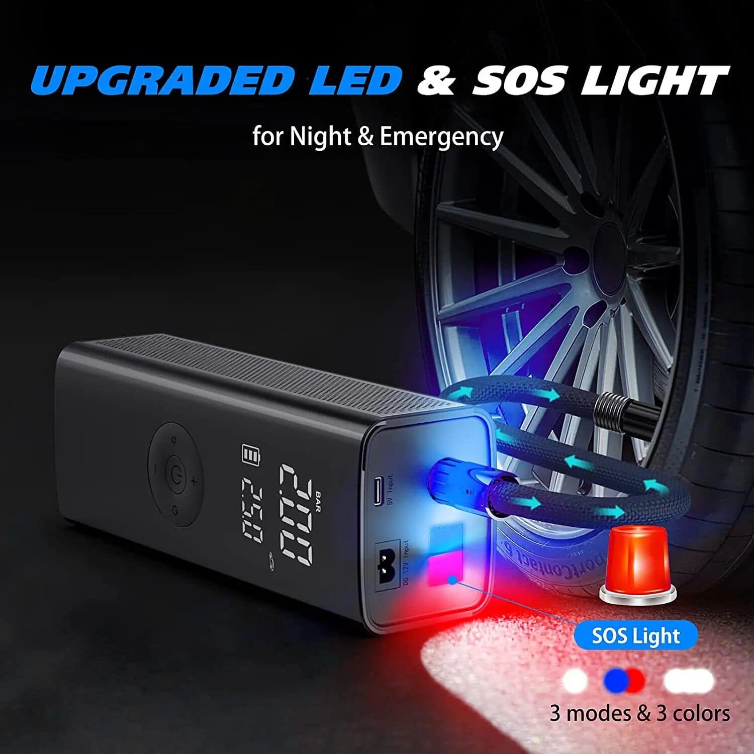 Portable LED flashlight with SOS light, USB charging, digital display, suitable for emergencies, outdoor camping, and vehicle safety.