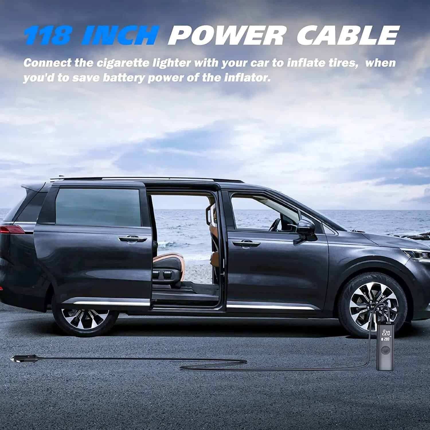 Long 118-inch power cable connects car cigarette lighter to tire inflator for easy inflation. Save battery power when inflating tires on the go. Perfect for vehicle emergency kit needs.