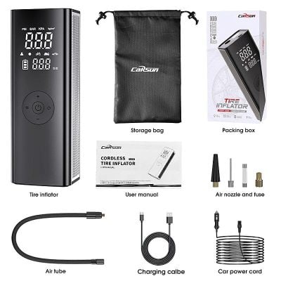 Portable tire inflator for car tires, with digital display and ease of use, ideal for emergency tire pressure adjustments. Compact and lightweight design perfect for car maintenance on the go.