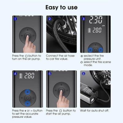 Air compressor for automotive tire inflating, pressure adjustment, and digital display.