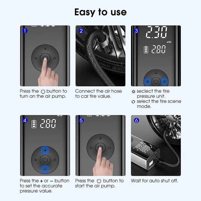 Air compressor for automotive tire inflating, pressure adjustment, and digital display.