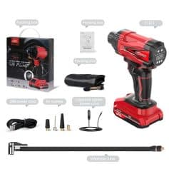Portable electric air compressor for car tires, with digital pressure display, USB power cord, air nozzles, cigarette lighter power cable, inflatable tube, and storage pouch.
