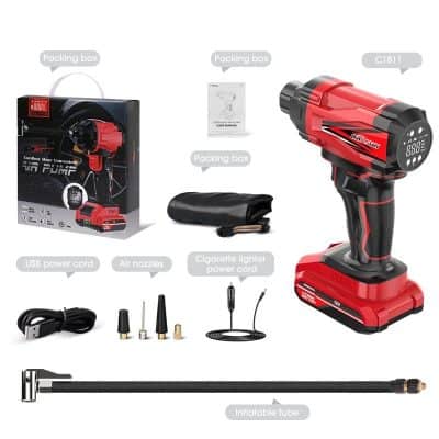 Portable electric air compressor for car tires, with digital pressure display, USB power cord, air nozzles, cigarette lighter power cable, inflatable tube, and storage pouch.