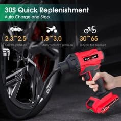 Portable cordless tire inflator for cars, motorcycles, and bicycles. Fast inflation with adjustable pressure (2.3-2.5 bar car, 1.8-3.0 bar motorcycle, 30-65 PSI bicycle). Compact and easy to use.