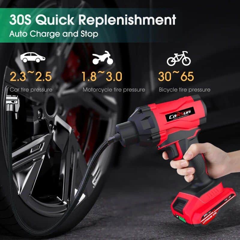 Portable cordless tire inflator for cars, motorcycles, and bicycles. Fast inflation with adjustable pressure (2.3-2.5 bar car, 1.8-3.0 bar motorcycle, 30-65 PSI bicycle). Compact and easy to use.