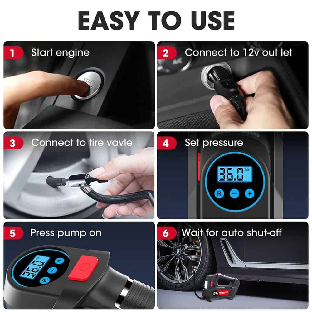 High-quality tire inflator for car maintenance and digital pressure monitoring. Easy to use with simple steps to inflate tires accurately and safely. Perfect for automotive repairs and roadside emergencies.