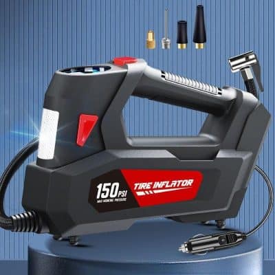 High-pressure tire inflator for automotive use, with 150 PSI max pressure and multiple nozzle attachments for quick and easy inflation. Ideal for car, bike, and home tire maintenance.