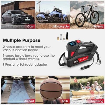 A multi-purpose portable air compressor from Monalisa Store featuring multiple nozzles and adapters, ideal for inflating cars, motorcycles, bicycles, air beds, basketballs, and kayaking equipment with ease and efficiency.