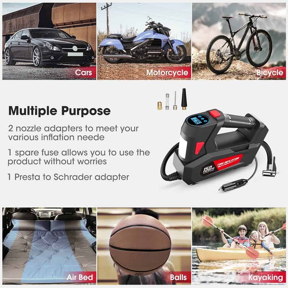 A multi-purpose portable air compressor from Monalisa Store featuring multiple nozzles and adapters, ideal for inflating cars, motorcycles, bicycles, air beds, basketballs, and kayaking equipment with ease and efficiency.