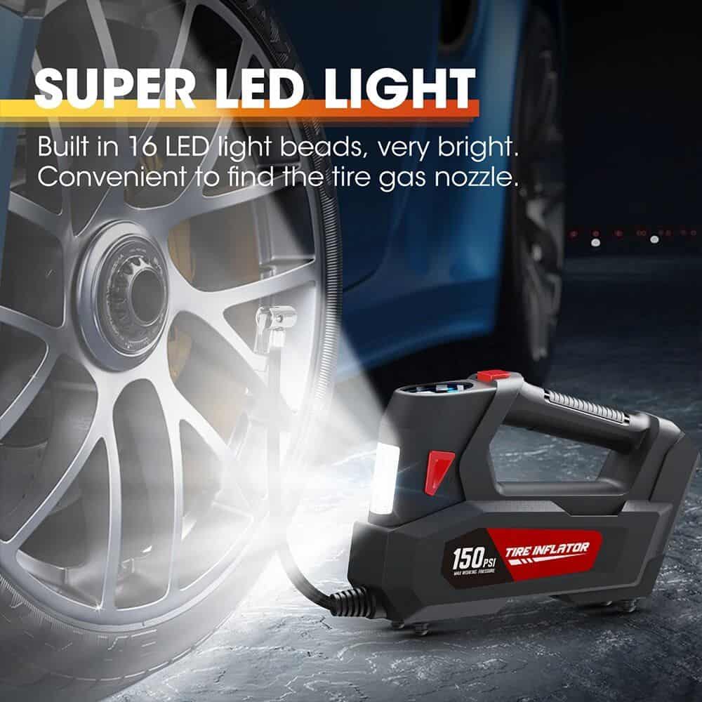 Portable 150 PSI tire inflator for car tires with LED light, easy to use for emergency tire gas refilling. Perfect for automotive maintenance and roadside assistance.