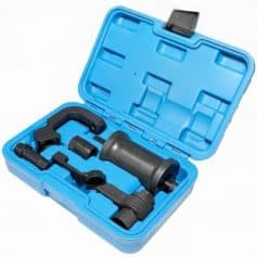 Portable tire pressure potent tool kit inside blue case for automotive use.