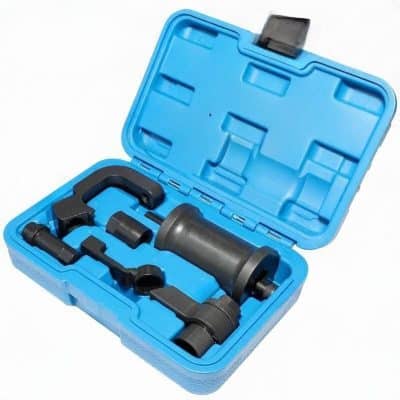 Portable tire pressure potent tool kit inside blue case for automotive use.