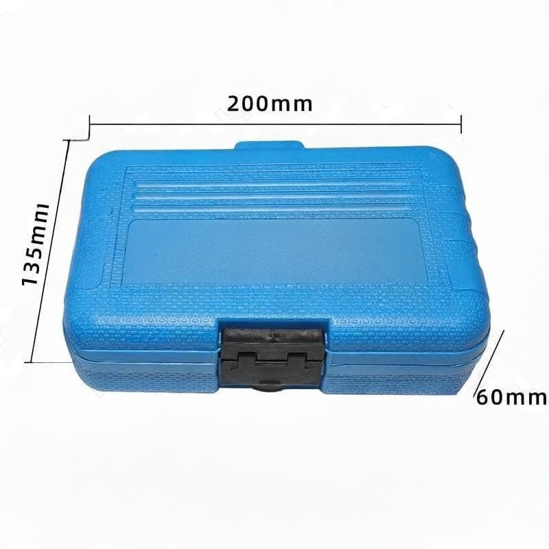Small, portable blue plastic case for storing and protecting eyeglasses and sunglasses. Compact design measuring 200mm x 135mm x 60mm, perfect for opticians or personal use.