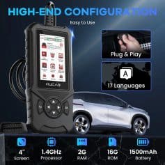 High-end auto diagnostic tool with 4-inch screen, 1.4GHz processor, 2GB RAM, 16GB ROM, and 1500mAh battery, compatible with 17 languages. Easy plug & play setup for vehicle diagnostics.
