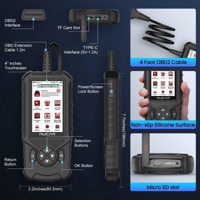 A compact automotive diagnostic device featuring a 4-inch touchscreen, OBD2 interface, micro SD card slot, and ergonomic design for easy vehicle diagnostics and repair.